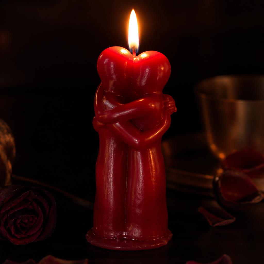 Vela vermelha em formato de casal abraçado acesa em ritual de amarração